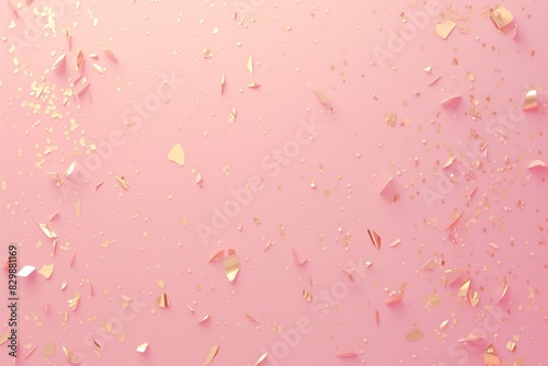 Golden pink sparkles and scattered metal glitter on pink background