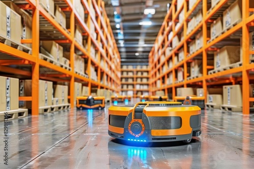Warehouse robots autonomously sorting and transporting goods, demonstrating efficiency in logistics photo