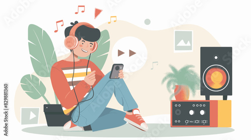 A guy in a wireless headphone listening to the music on mobile phone application illustration.