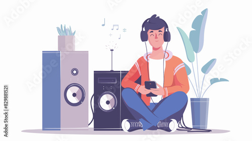 A guy in a wireless headphone listening to the music on mobile phone application illustration.