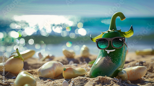 A hip jalape?+/-o in trendy sunglasses, resting on a sandy beach with the ocean sparkling in the background photo