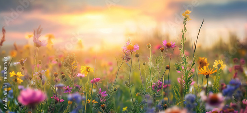 there is a field of flowers with the sun setting in the background