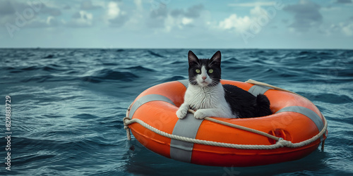 there is a cat that is sitting on a life preserver in the water photo