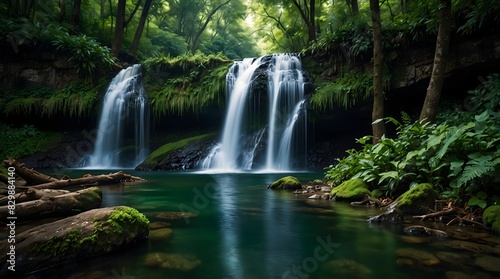 The serene beauty of a cascading waterfall hidden deep within a lush, emerald forest ai_generated