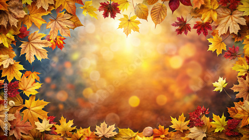 A vibrant fall background with colorful maple leaves scattered across the ground