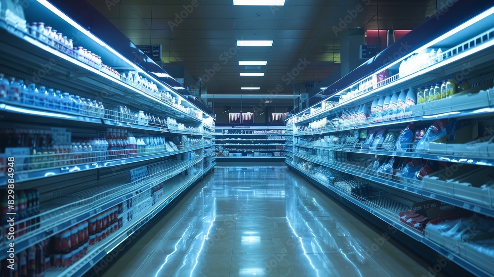 Naklejka premium Desolate supermarket with empty shelves, aisles devoid of goods, representing economic hardship and bankruptcy
