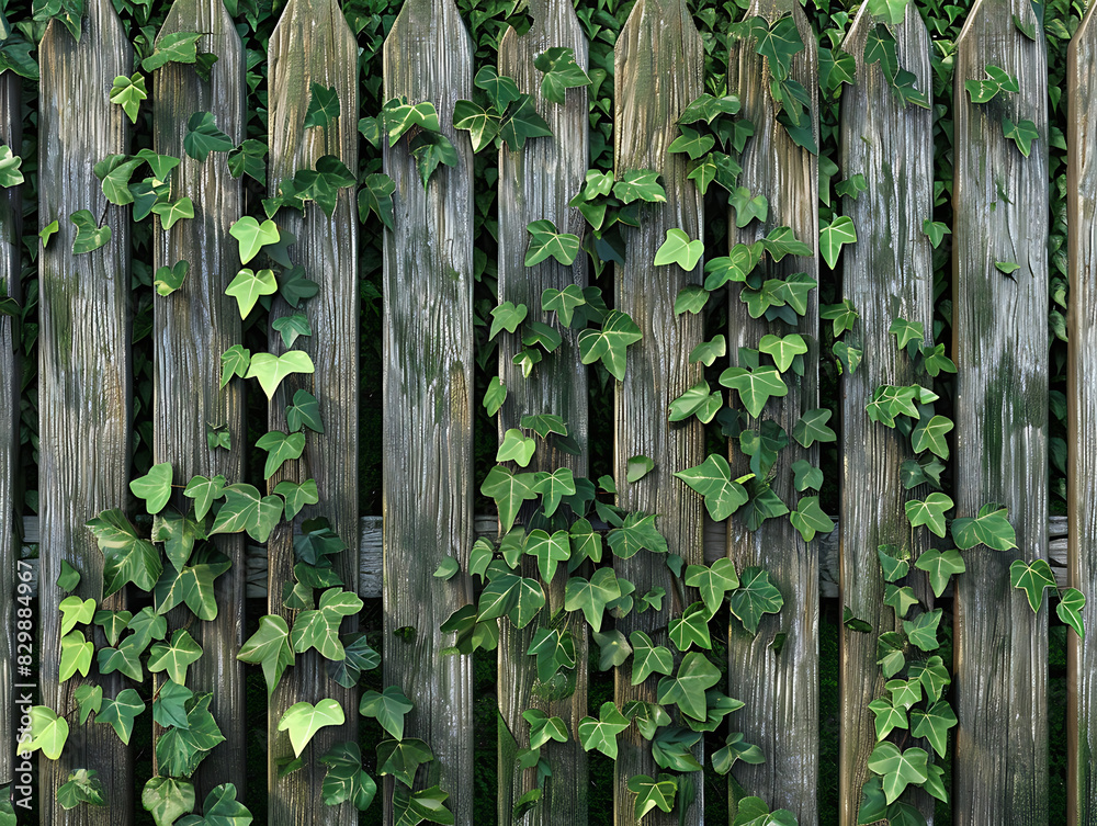 High resolution image of an aged wooden picket fence with ivy cover High resolution image of an aged wooden picket fence with ivy cover