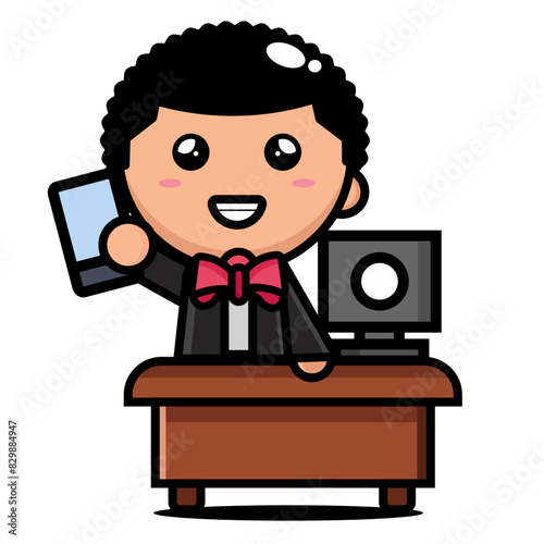 illustration of a male judge with a smartphone at the court table