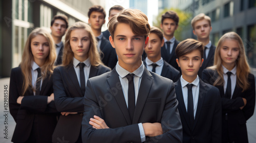 there are many people in suits standing together in a row