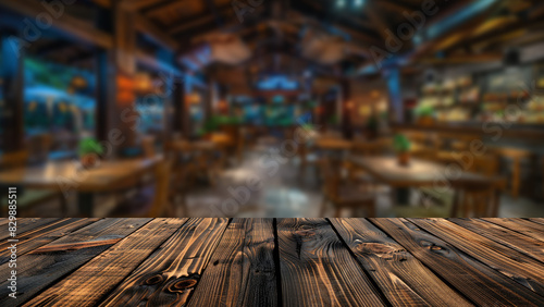 A wooden table set against blurry, dynamic background of fashionable restaurant at night. The table provides perfect area for placing food-related advertisements or displays © Summit Art Creations