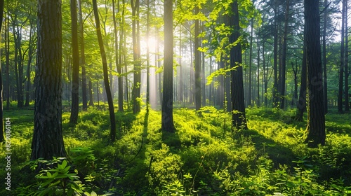 Lush Green Forest with Sunlight for Environment Day and Sustainable Concept