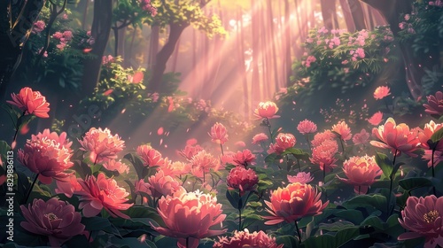 A delightful 2D illustration featuring a pink day in a lush garden filled with vibrant flowers and greenery. The pink tones dominate the scene, from the petals of the flowers to the soft light