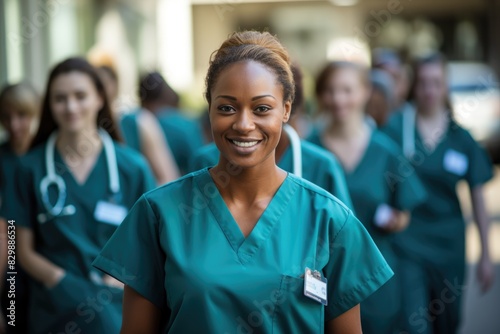 Team of dedicated nurses working together in a hospital corridor for patient care and support