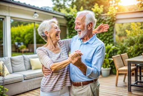 senior couple dancing in the garden.
