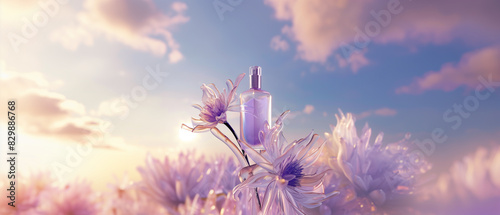 there is a bottle of perfume sitting on a flower field photo