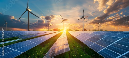 A solar panel farm stands in an open field with wind turbines in the background, symbolizing the advancement of green energy and sustainable development. Beautiful green energy landscape.