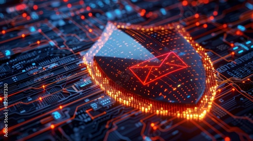Phishing secure encryption visualized as a shield surrounding an email, top view, email safety enhanced, futuristic tone, Complementary Color Scheme
