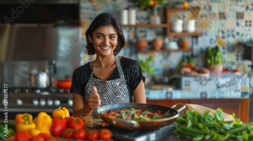 young indian woman preparing vegetarian food at kitchen