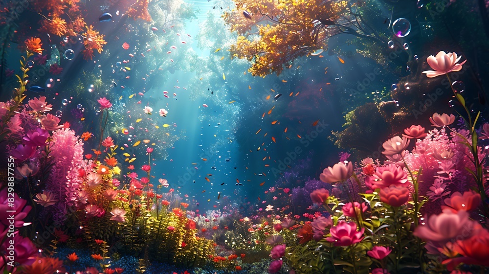 A fantastical underwater garden, flowers growing from coral, vibrant and rich colors, fish and marine life, rich greens and blues, ethereal lighting, whimsical and imaginative.