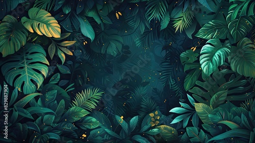  flat 2d vector illustration of the jungle  tropical style  made of foliage  darker around edges  blacker background  darker background  no bloom  no glow  