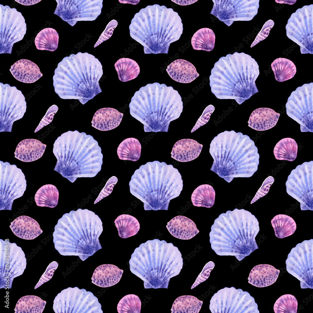 Marine seamless pattern animals, plants, seashell, mollusk, shells. Watercolor illustration Underwater background On black. Summer vibes, Sea bottom. For fabric, wrapping paper, wallpaper print decor Marine seamless pattern animals, plants, seashell, mollusk, shells. Watercolor illustration Underwater background On black. Summer vibes, Sea bottom. For fabric, wrapping paper, wallpaper print decor