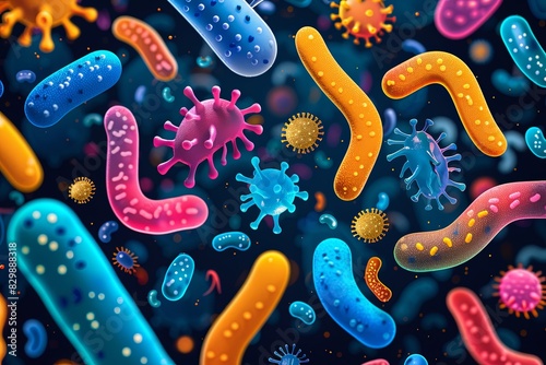  3D illustration of virus and bacteria cells. Microscopic view of a virus and bacteria.