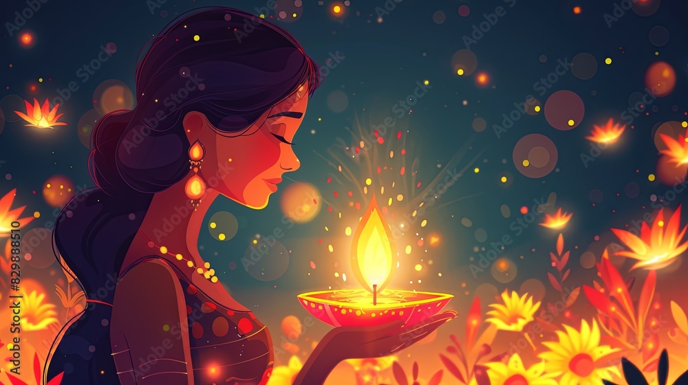 A beautiful Indian woman in a traditional dress holding a glowing diya. The background is a blur of orange and yellow lights. A beautiful Indian woman in a traditional dress holding a glowing diya. The background is a blur of orange and yellow lights.