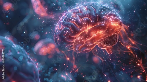 Artistic illustration of a human brain with glowing neurons and synapses in blue and red colors. photo