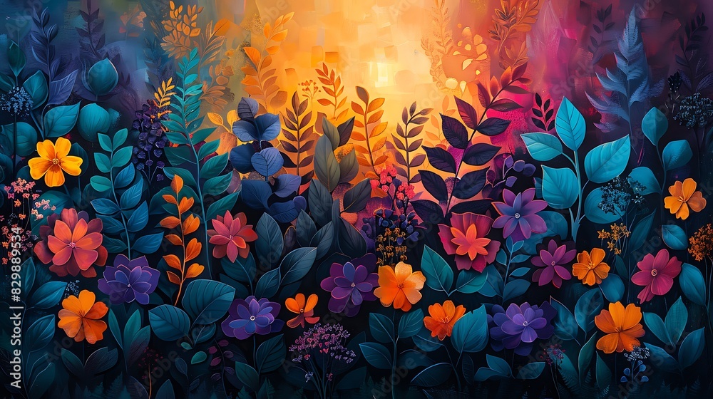 A lush forest-inspired biophilic design, abstract floral shapes, vibrant greens, purples, and oranges, nature elements, serene and tranquil ambiance, light filtering through leaves. A lush forest-inspired biophilic design, abstract floral shapes, vibrant greens, purples, and oranges, nature elements, serene and tranquil ambiance, light filtering through leaves.