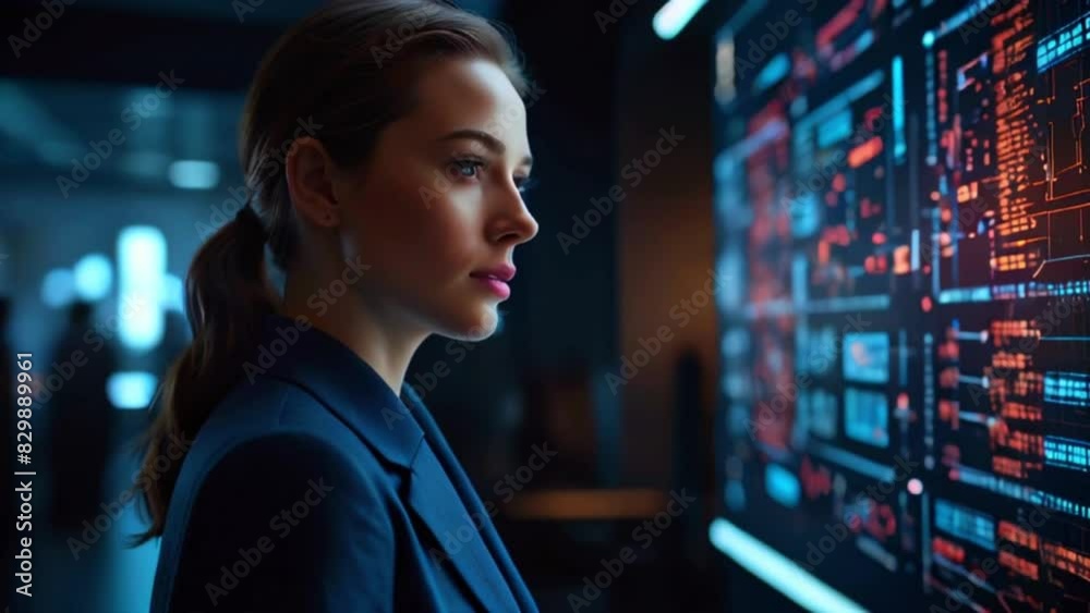 Young Female Computer Science Engineer Looking at Big Screen Display Showing Global Map with Data Points Young Female Computer Science Engineer Looking at Big Screen Display Showing Global Map with Data Points