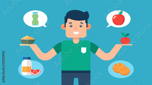 Despite being bombarded with adver for fatburning supplements the man confidently rejected them and instead focused on nourishing his body with wholesome nutritious food.. Vector illustration