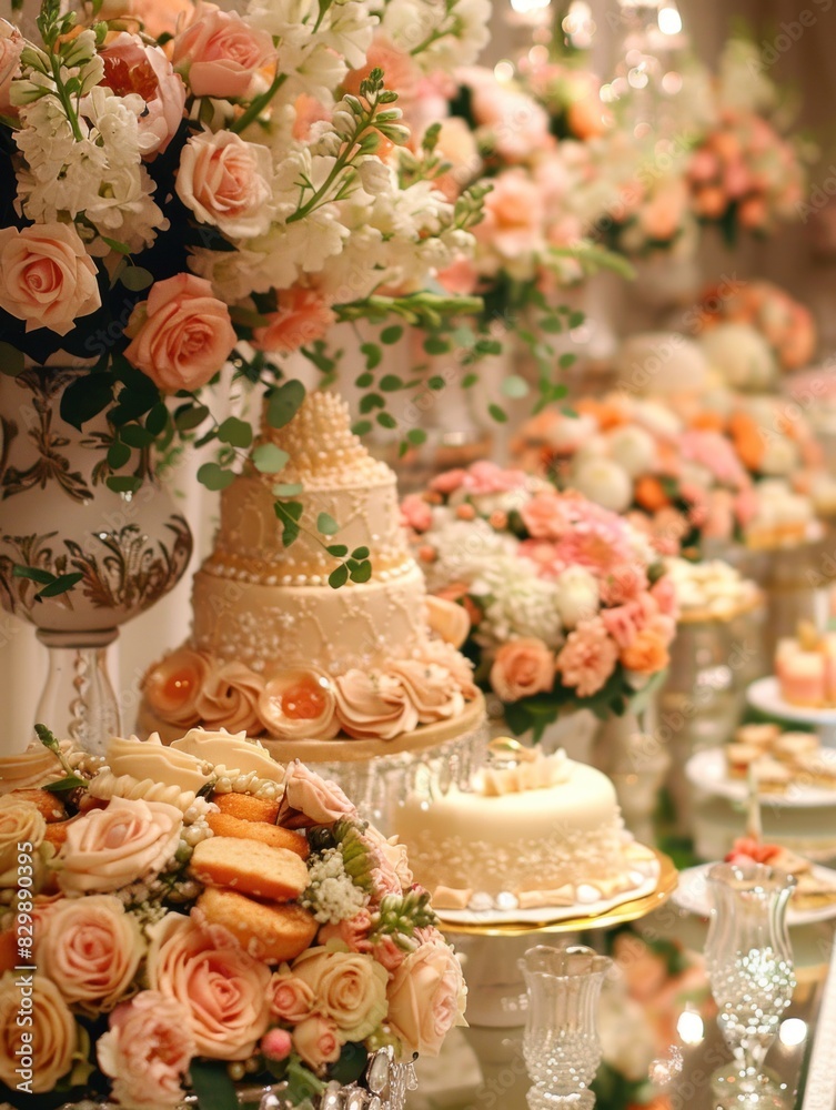 Various types of cakes showcased on a mirrored table