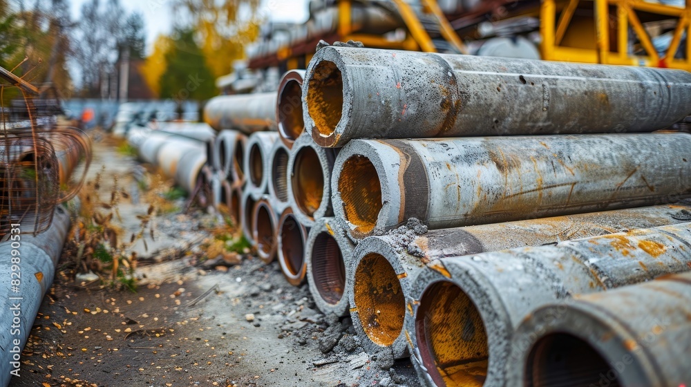 Close-up capture of cement pipes piled in an outdoor yard, emphasizing the raw, unfinished look and industrial context Close-up capture of cement pipes piled in an outdoor yard, emphasizing the raw, unfinished look and industrial context