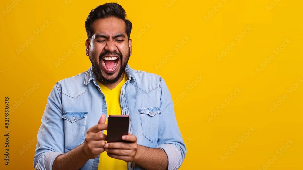 Excited man using smartphone on yellow background Excited man using smartphone on yellow background