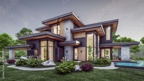 3d rendering of modern two story house with gray and wood accents, large windows, parking space in the right side of the building. Clear summer evening with cozy light from window