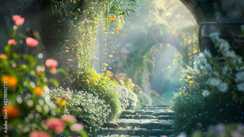 Fototapeta Naklejka Na Ścianę i Meble -  beautiful secret fairytale garden with flower background. Generative AI.