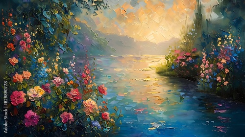A serene impressionist painting of a sunlit garden  quick brushstrokes  vibrant and blended colors  flowers in bloom  soft sunlight  dynamic composition  rich greens  blues  and pinks.