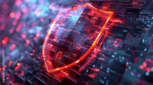 glowing red shield on a futuristic circuit board. photo