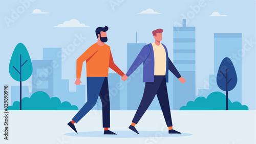 Walking down the street a man proudly holds hands with his male partner challenging the idea that he should only be in a heteroual relationship.. Vector illustration