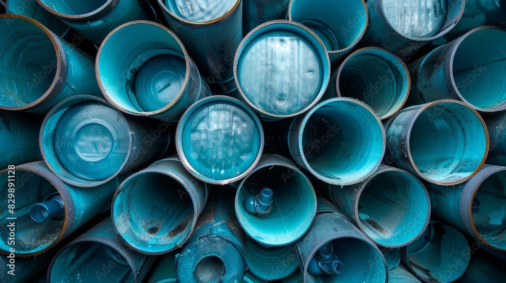 Blue plastic pipes for construction stacked in an orderly fashion, the image capturing the industrial feel of the warehouse Blue plastic pipes for construction stacked in an orderly fashion, the image capturing the industrial feel of the warehouse