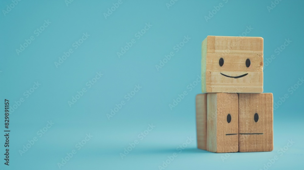 Obraz premium World Mental Health Day or feedback rating concept, featuring wooden cubes with emotion face icons stacked against a blue background.