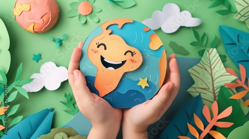 Hands holding a smiling earth paper cutout, symbolizing Earth Day, sustainable living, and climate action