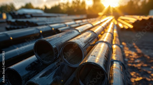 Black PVC plastic pipes stacked in a large outdoor lot, with sun rays filtering through, highlighting the contrast between light and shadow on the pipes
