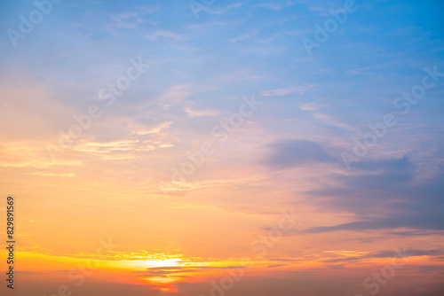 Beautiful   luxury soft gradient orange gold clouds and sunlight on the blue sky perfect for the background  take in everning Twilight  Large size  high definition landscape photo