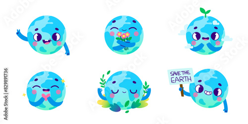 Planet earth character set. Cute cartoon world globe collection. Friendly vector earth planet with face.