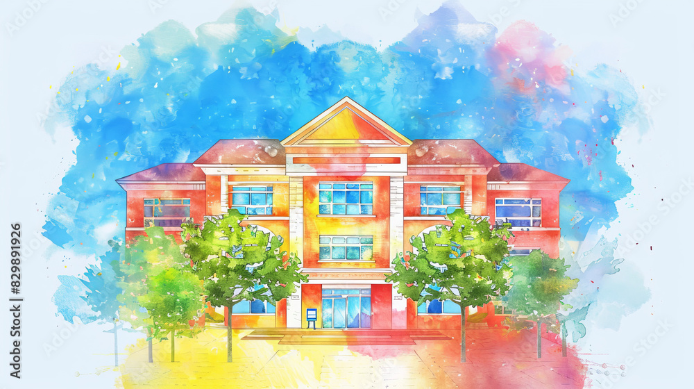 Fototapeta premium Vibrant School Building in Watercolor with Artistic Blue Background, university, college side view, Back to school university