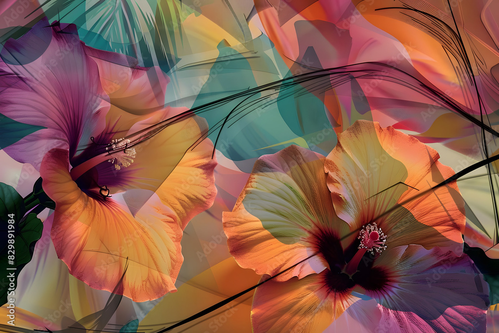 Fototapeta premium abstract hibiscus flowers with tropical colors and dynamic lines. generative ai