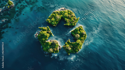 Sustainable Paradise: Green Islands Forming a Recycling Symbol in Azure Waters.  photo