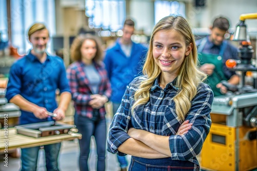 smiling female teacher with crossed arms looking at camera in workshop