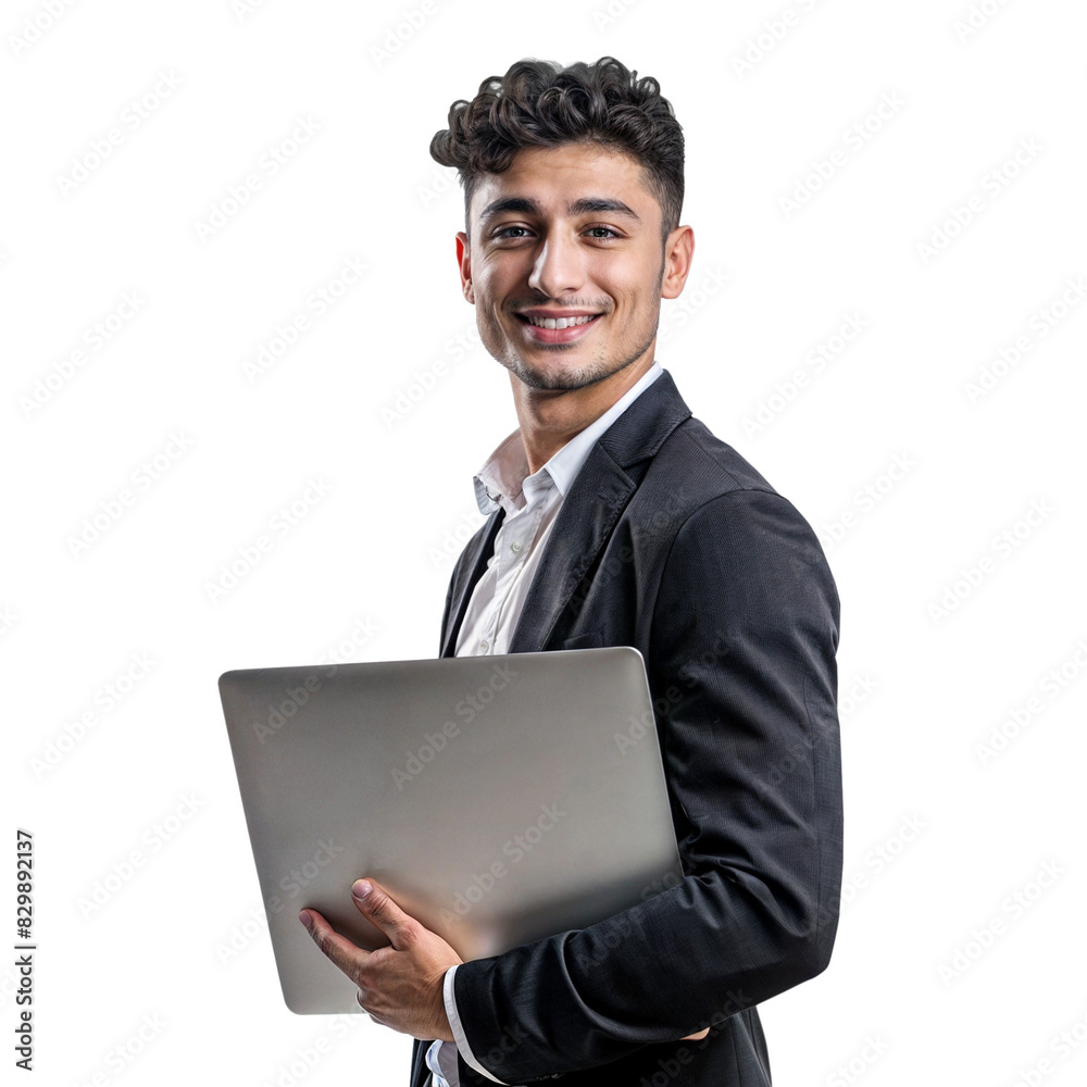 A young man oriental appearance with short dark hair in a black suit and white shirt, holding a laptop and smiling on an isolated background. Transparent background. PNG. A young man oriental appearance with short dark hair in a black suit and white shirt, holding a laptop and smiling on an isolated background. Transparent background. PNG.